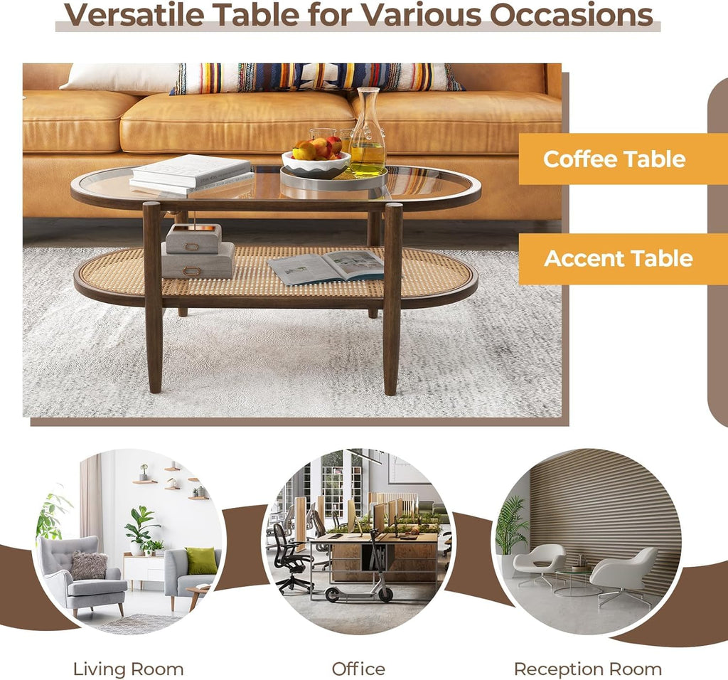 Rattan Coffee Table, 2 Tier Boho Oval Living Room Table w/Glass Tabletop Wood Frame & Storage Shelf, 40''L Mid