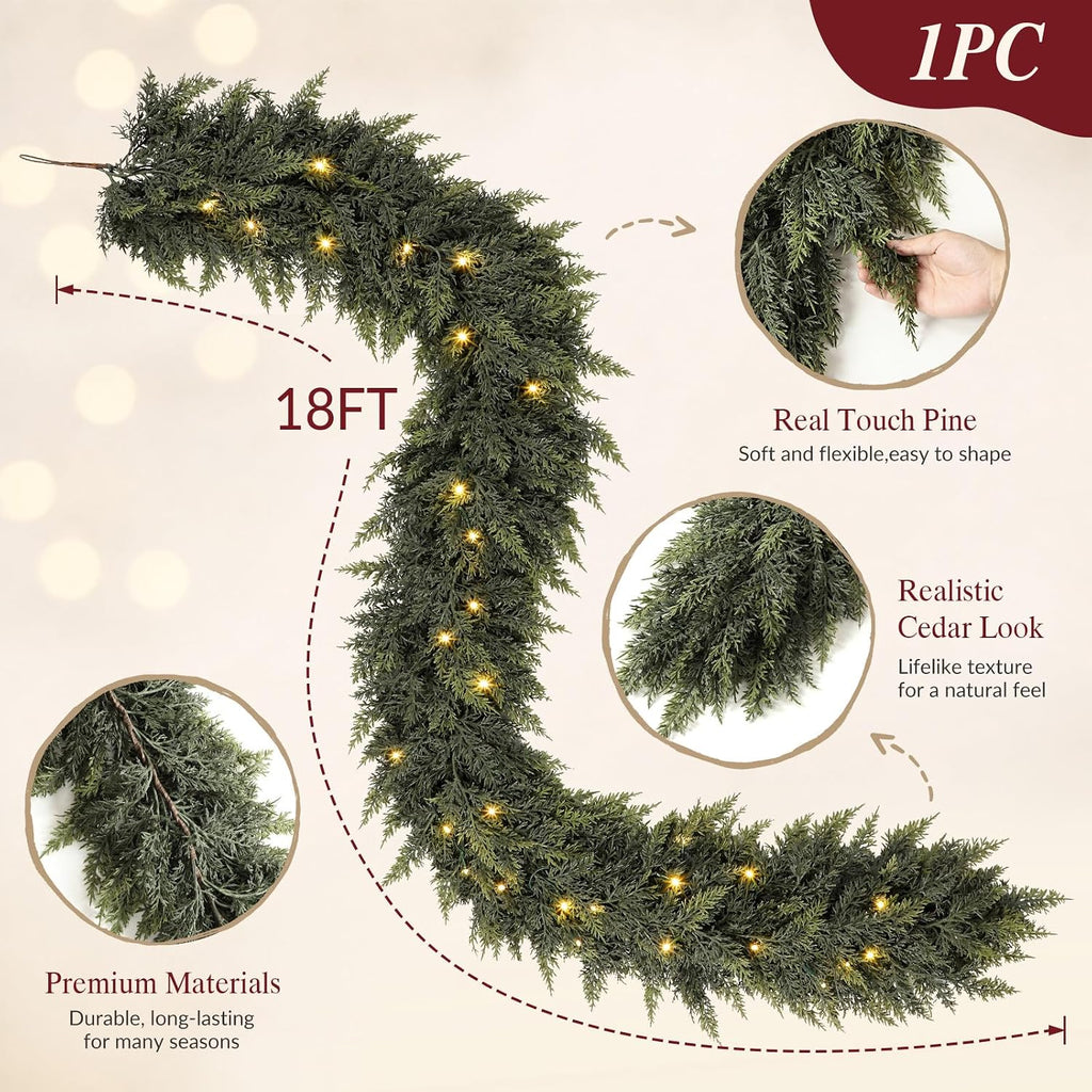 18FT Pre-Lit Cedar Christmas Garland with Lights, Real Touch Mantel Decor