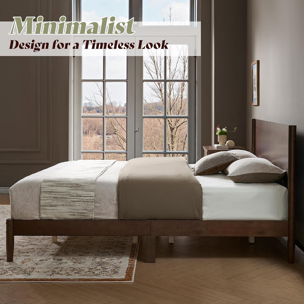 Solid Wood Queen Bed Frame, Mid Century Modern Platform Bed with Full Panel Headboard, Wooden Bed with Cylindrical