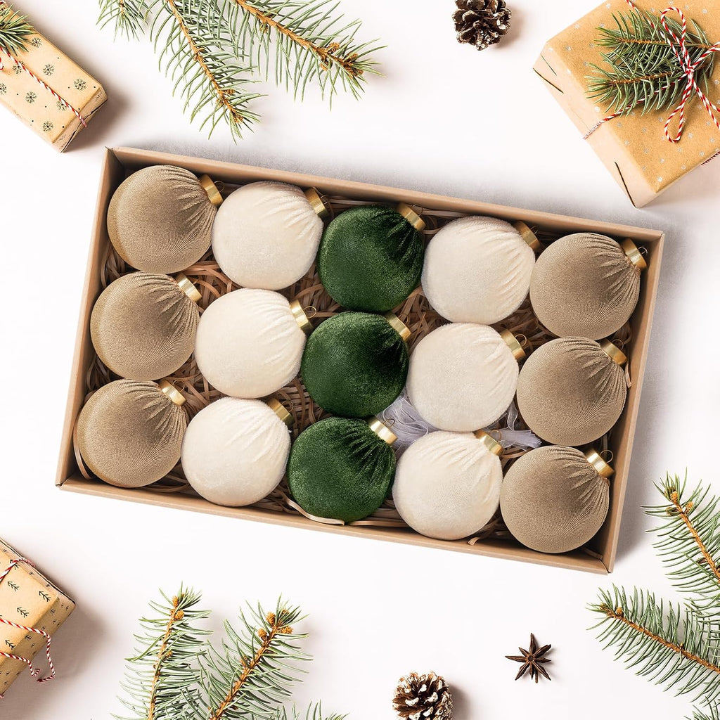 Velvet Ball Christmas Tree Ornaments Set, 15 Pack, Green/Brown, 3.15 in