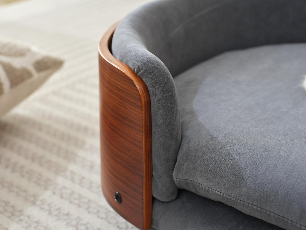 Scandinavian Style Elevated Dog Bed Pet Sofa with Solid Wood Legs and Walnut Bent Wood Back, Dark Grey Velvet, Mid Size