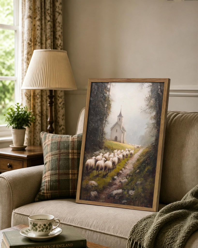 Framed Christian Sheep Wall Art, Vintage Country Church Landscape Wall Decor Painting Picture, Rustic Pastoral Lamb
