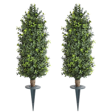 Artificial Topiary Trees with Ground Spike 30 Inch Tall UV Rated Cone Bush Evergreen, Set of 2 Easy to Push in The