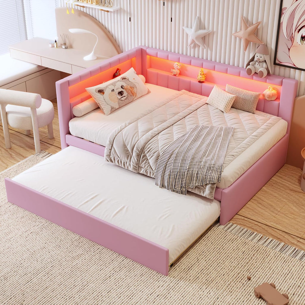Full Size Upholstered Daybed with Trundle for Kids Bedroom,Super Cute Wooden Bedframe w/Led & USB Ports Design,Easy