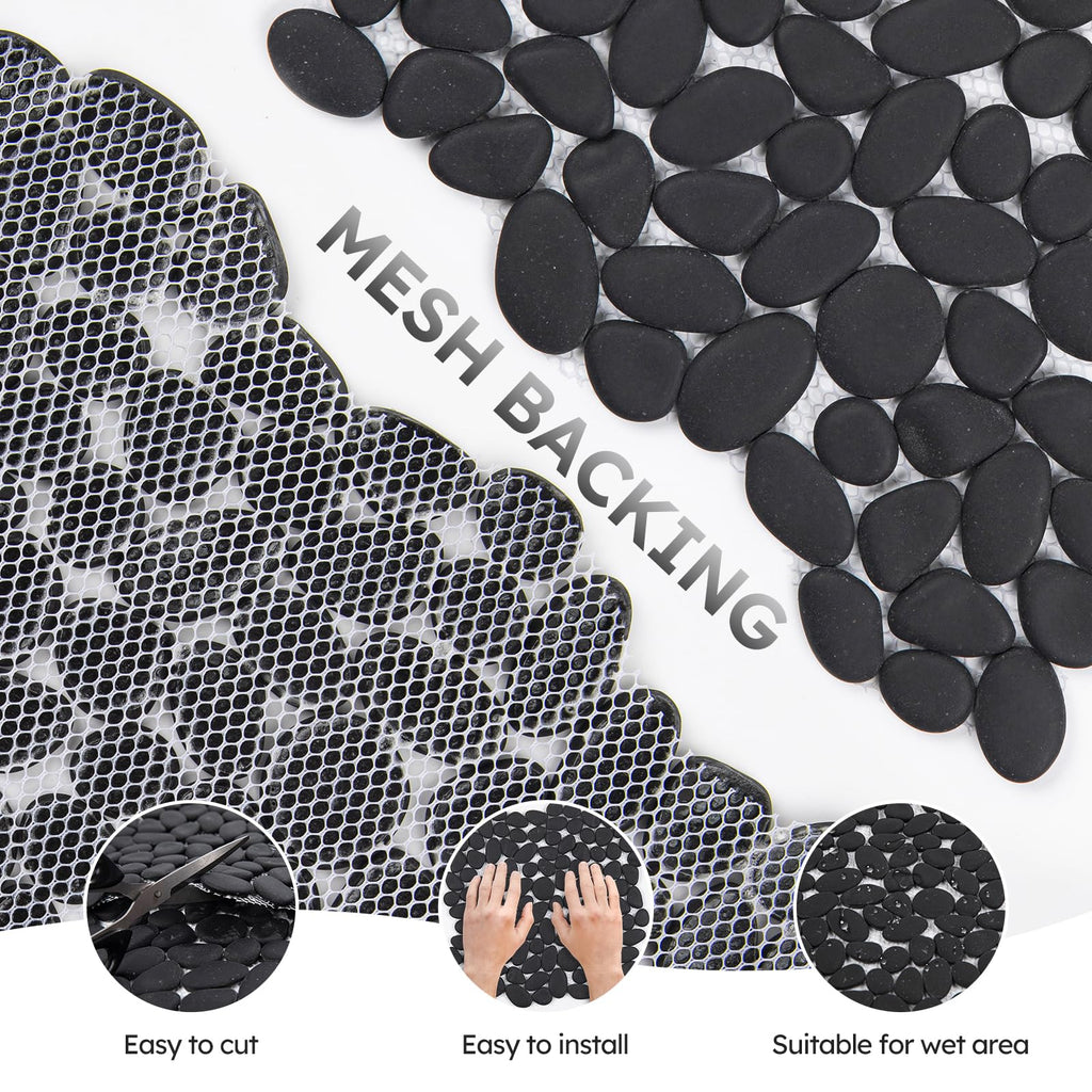 Pebble Tile for Shower Floor, Black Oval Tumbled, 5 Sheets