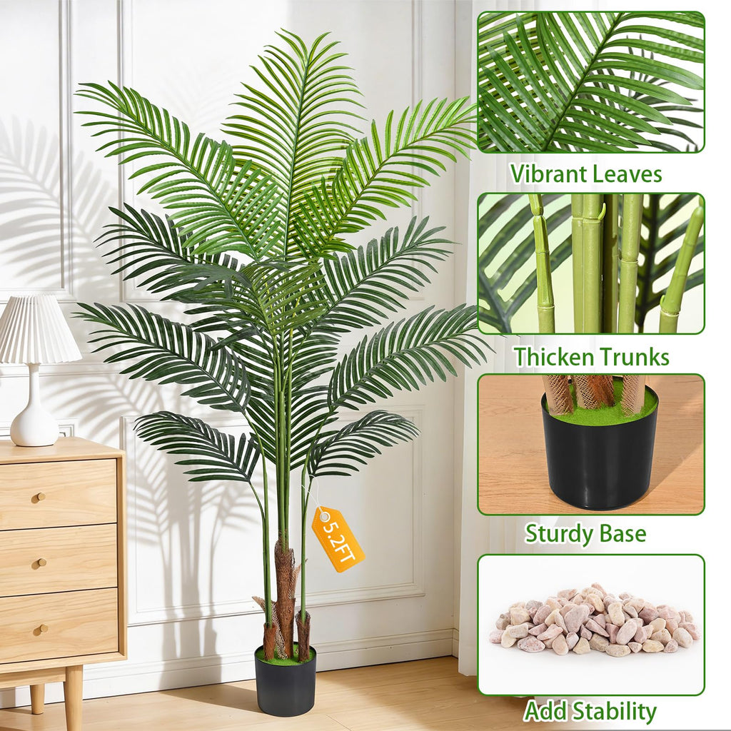 5.2 FT Artificial Plants Indoor, Tall Plant Palm Tree with Weighted Planter, Tropical Fake Tree with Realistic Leaves