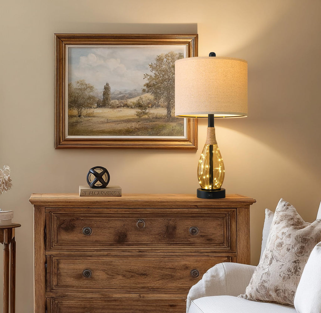 23" Table Lamps Set of 2 Bedside Lamps for Night Stands Bedroom Lamps Farmhouse Rattan Boho Lamp Glass Nightlight End