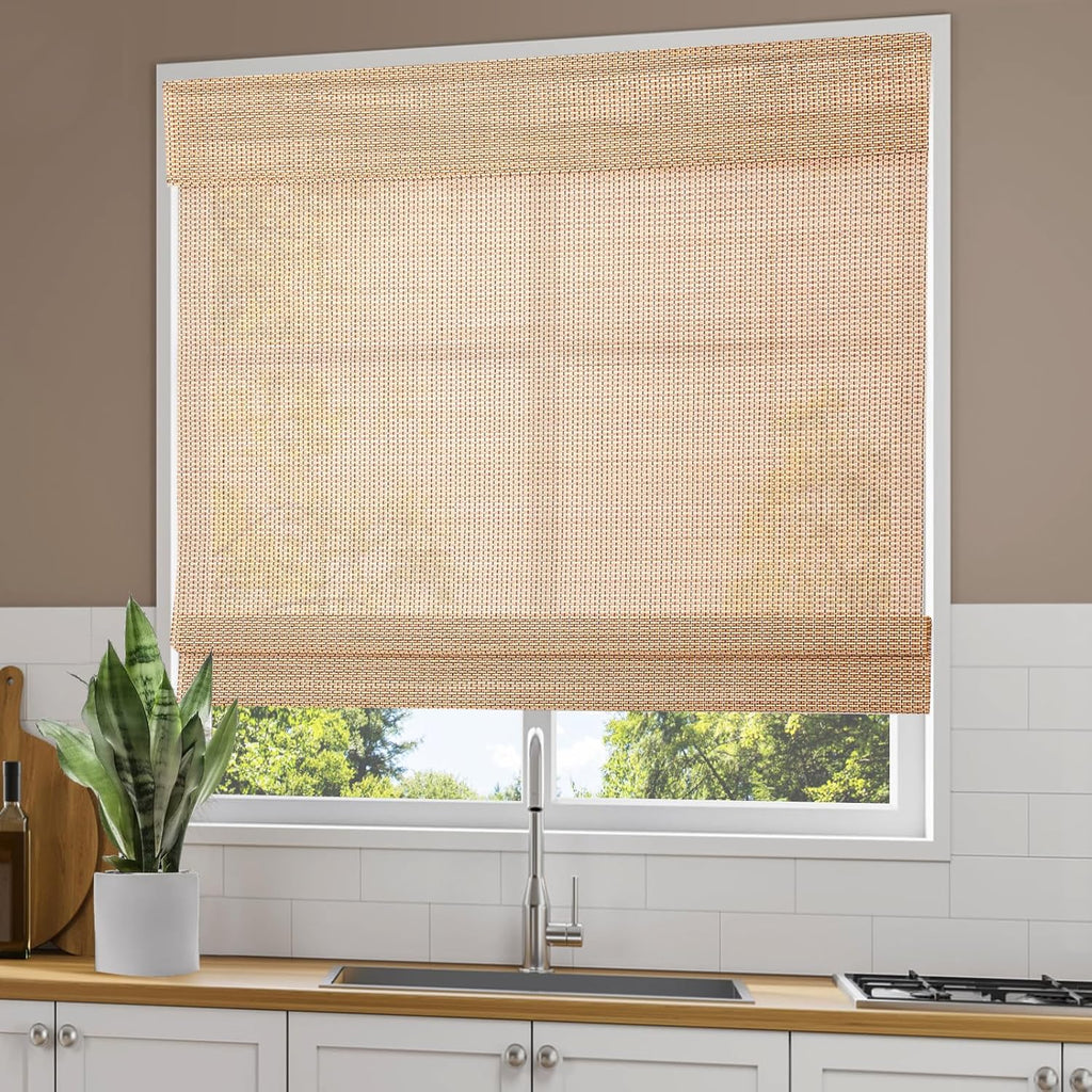 Comzone Cordless Blackout Bamboo Roman Shades, Easy to Install Natural Woven Wood Window Shades, Great Privacy Lined