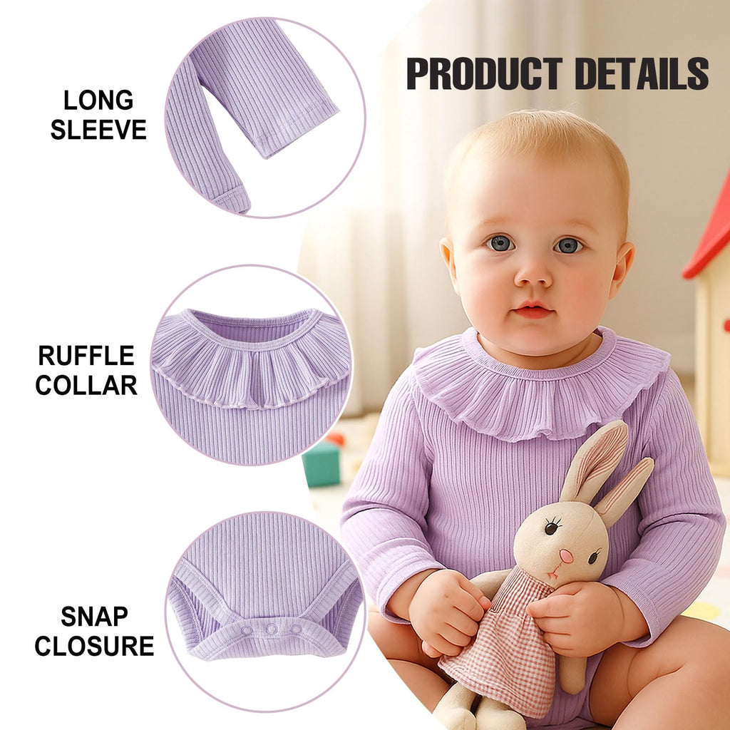Baby Girl Bodysuit 2 Pack, Long Sleeve Ribbed Knitted Onsies Ruffle Collar and Flutter Sleeve Fall Winter