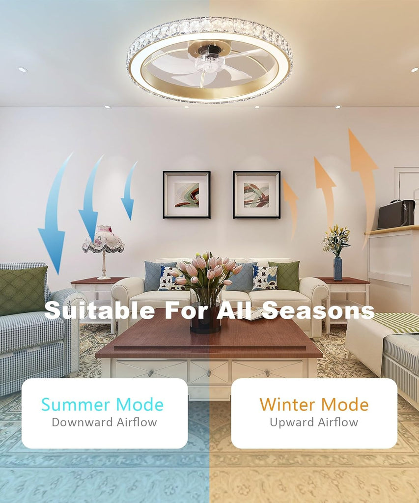 Low Profile Modern Crystal Chandelier Ceiling Fans with Lights and Remote, 3000K-6500K Smart Bladeless LED Fan Light