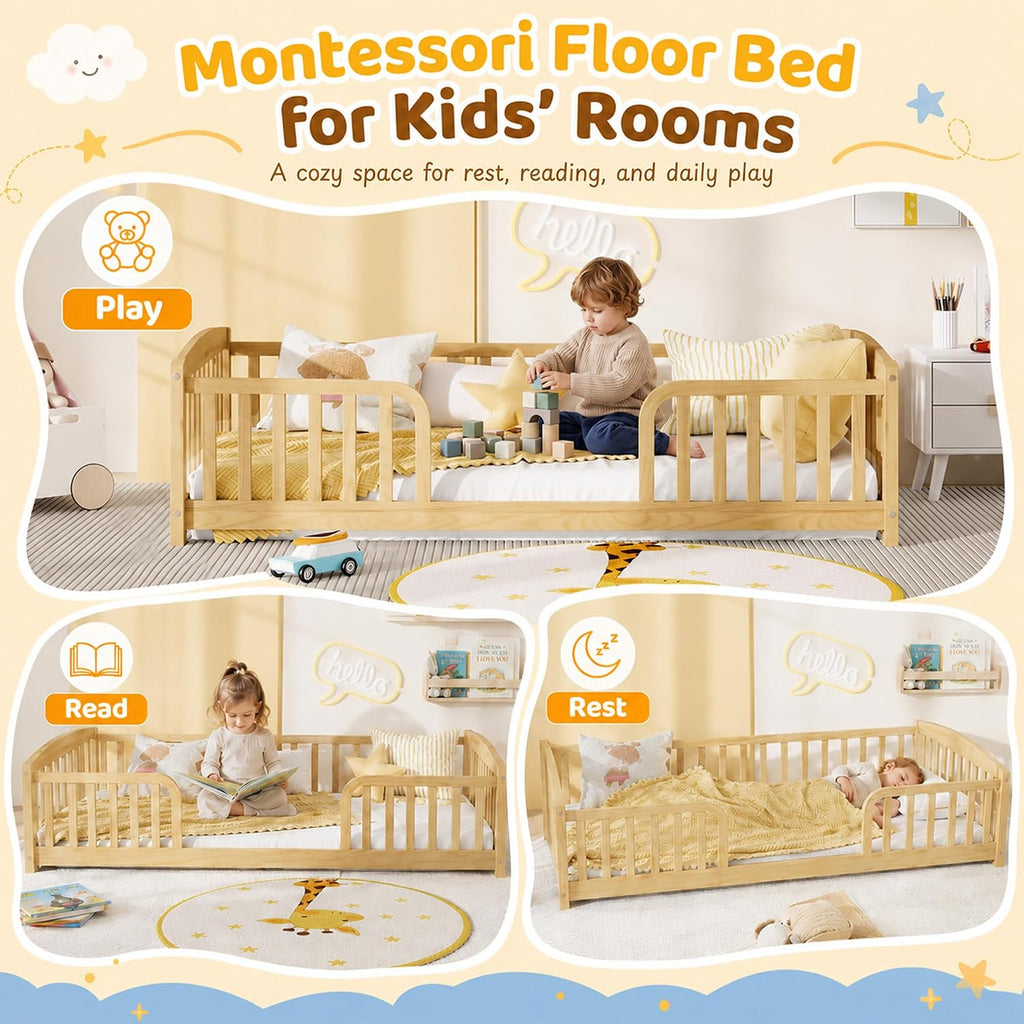 Twin Floor Bed with Rails, Pine Wood Montessori Bed with Central Entrance & Round Corner Design, Montessori Floor