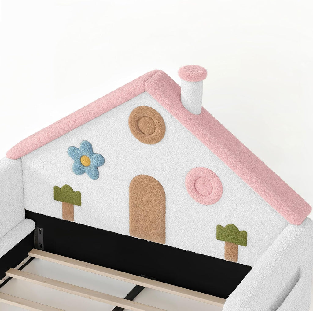 Upholstered Floor Bed Frame with Side Pocket & Stairs, White Pink
