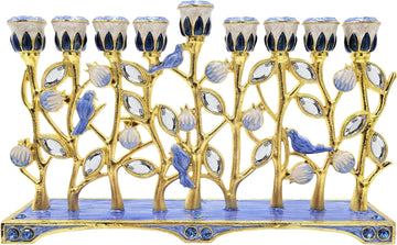 Hanukkah Enamel Pomegranate & Blue Bird Design, Hand-Painted Enameled Metal This Ornate 9 Branch Measures 12" High X
