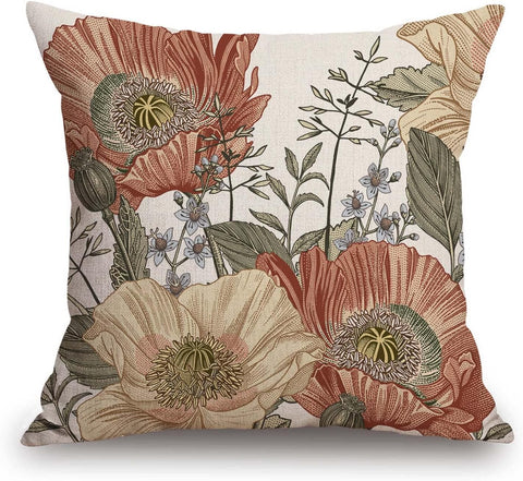 Vintage Flowers Pillow Cover Rustic Cotton Linen Decorative Square Throw Pillow Cover 18x18 Inch