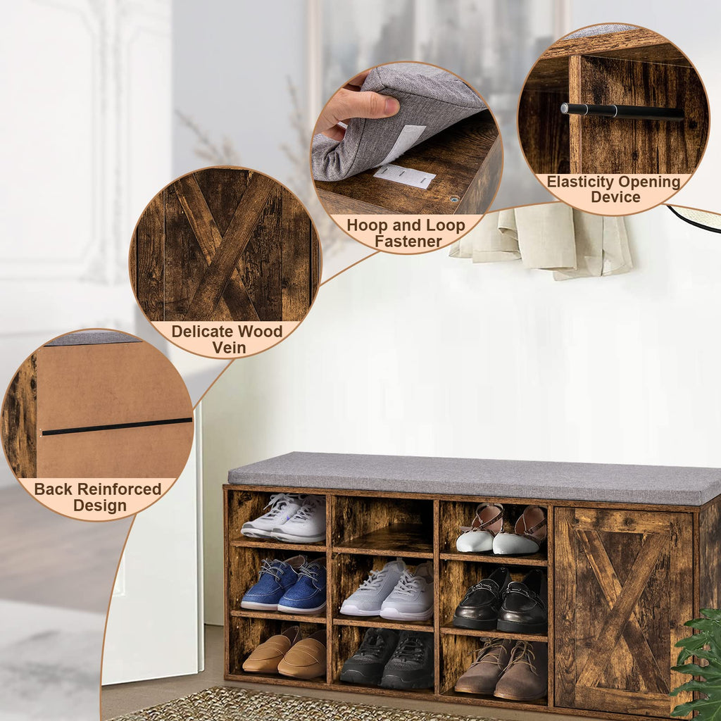 9 Cubes Shoe Bench with Storage, Adjustable Shelves Storage Bench Rack with Removable Padded Cushion, 3 Tier Shoe