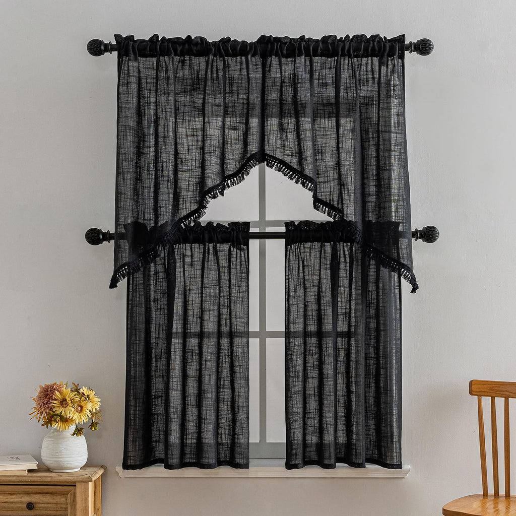 Beda Home Tassel Linen Textured Swag Curtain Valance, Black, 36 x 36 in