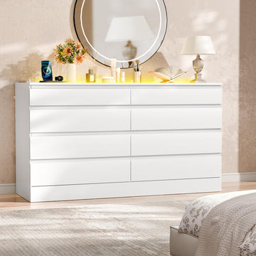 8 Drawer Dresser with Power Outlet, Modern Chest of Drawers with LED Light & Glass Top, Wood Double Dresser TV Stand