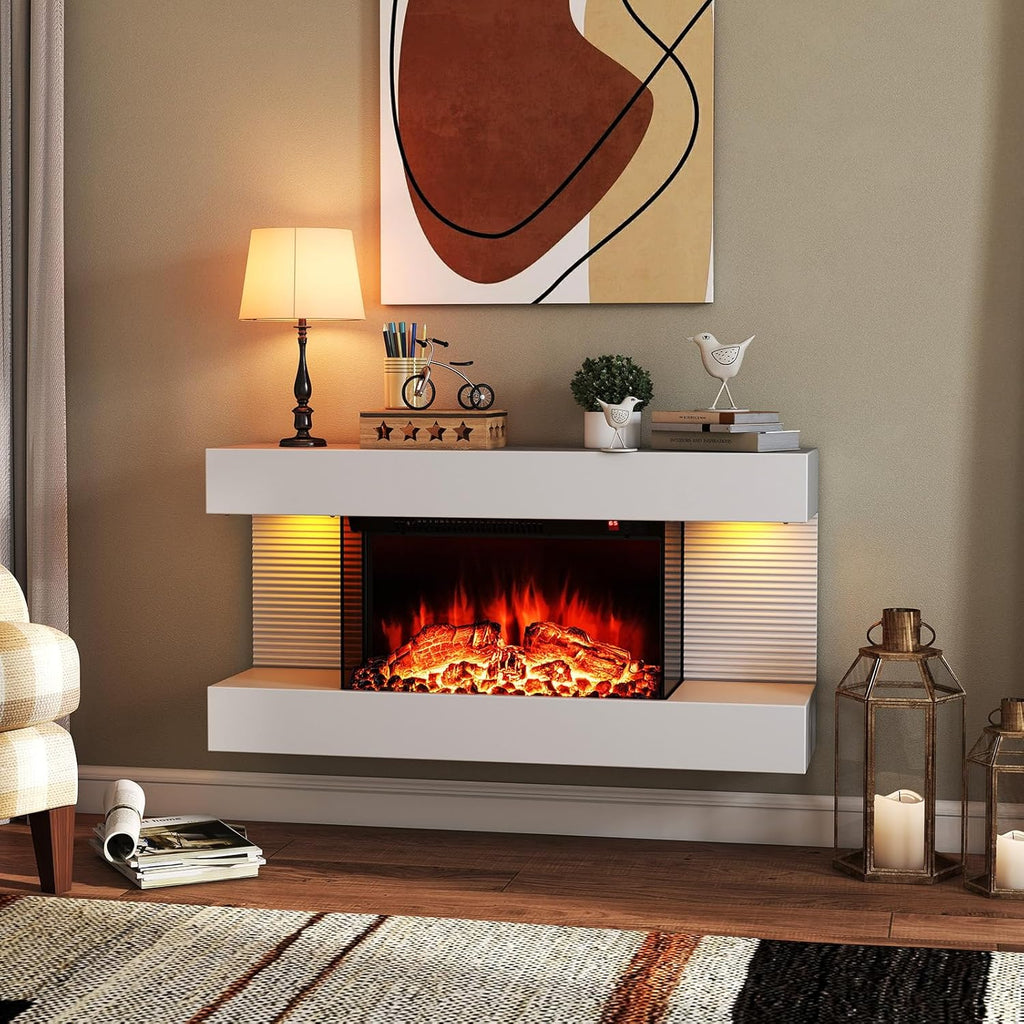 18-Inch Wall Mount Electric Fireplace with 32-Inch Floating Mantel, Remote, 3 Sided Electric Fireplace