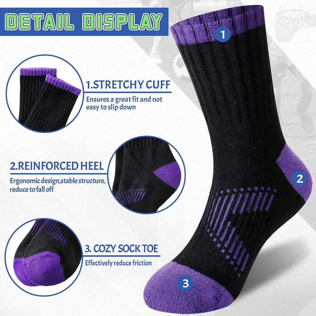 Kids Socks Boys Crew Athletic Half Cushioned Cotton Sport Running Breathable Socks 6 Pairs