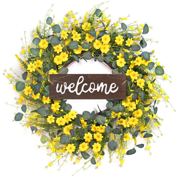 24'' Sunflower Wreaths for Front Door, Welcome Front Door Wreath Summer
