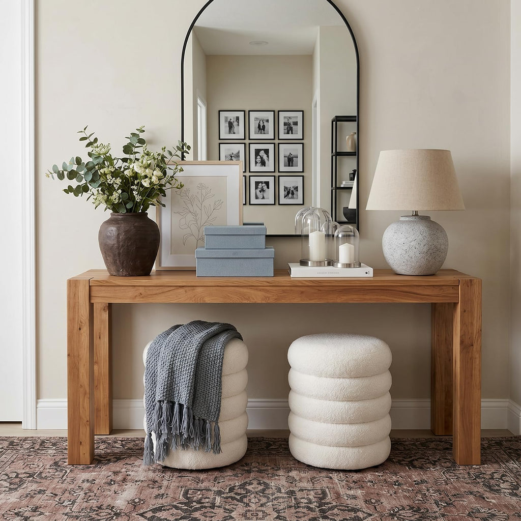 White Boucle Round Ottoman with Storage Sherpa Foot Stool