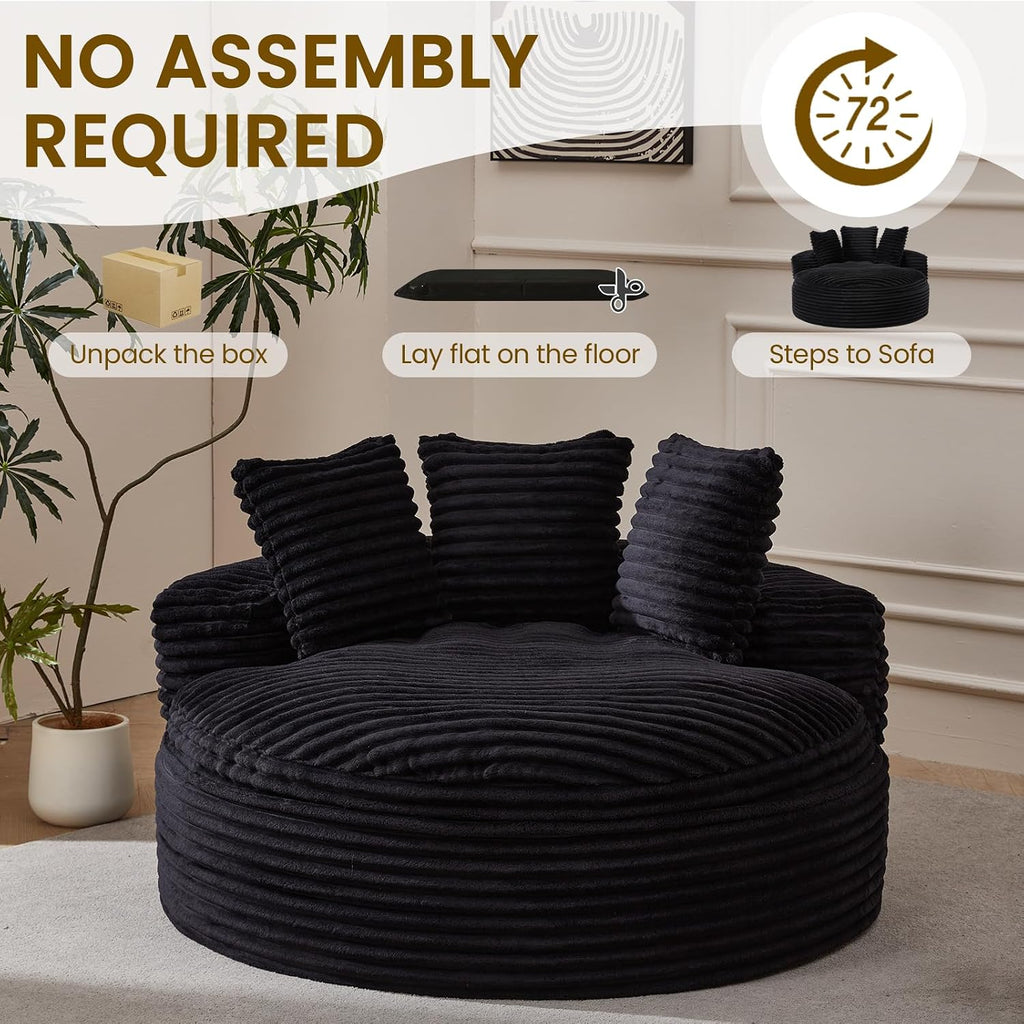55'' Oversized Round Boneless Chair, Cozy Corduroy Cloud Chair with 3 Pillows, Deep Seat Chaise Lounge Chair Indoor