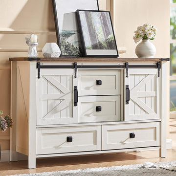 47" Farmhouse 4-Drawer Dresser with Barn Doors, Distressed White