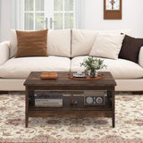Farmhouse Coffee Table, 2-Tier Center Table with Storage Open Shelf & Woven Slatted Design