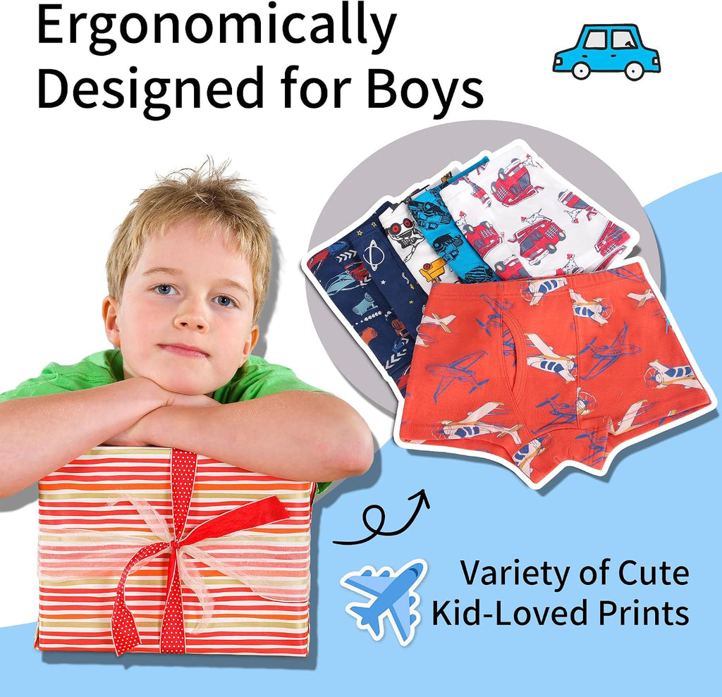 Boys 100% Cotton Boxer Briefs, 6 Pack Toddlers Kids Underwear