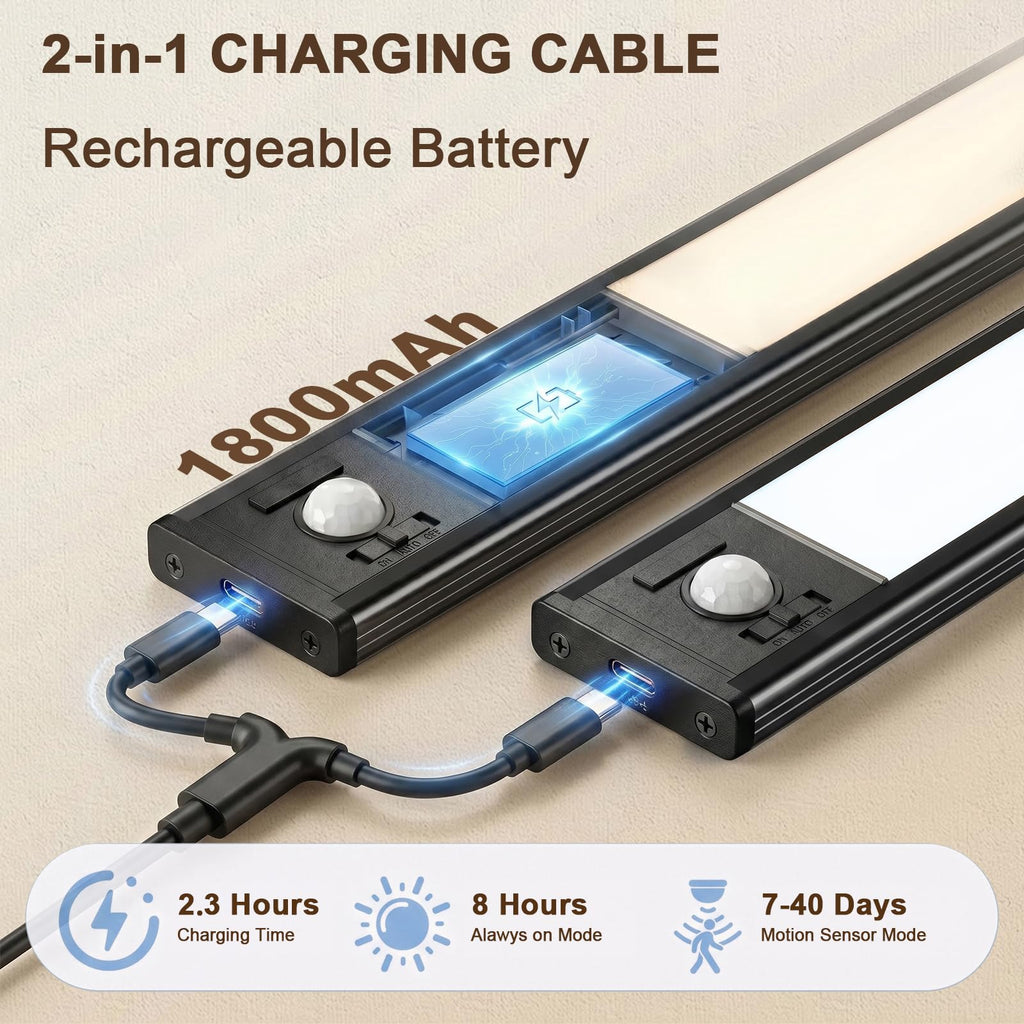 4Pack Under Cabinet Lighting Rechargeable -10" Ultra-Thin Black 3 Color Temps Super Bright, Motion Sensor, Long