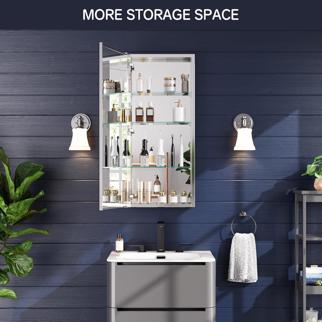 16" x 36" Medicine Cabinet with Mirror, Bathroom Mirror Cabinet | Anodized Chrome Aluminum Frame, Adjustable Shelves
