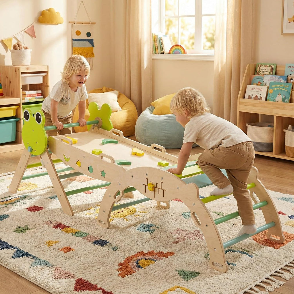 Triangle Set, 13 in 1 Frog Theme Foldable Wooden Montessori Toddler Climbing Toys Indoor with Cushion Ramp Arch