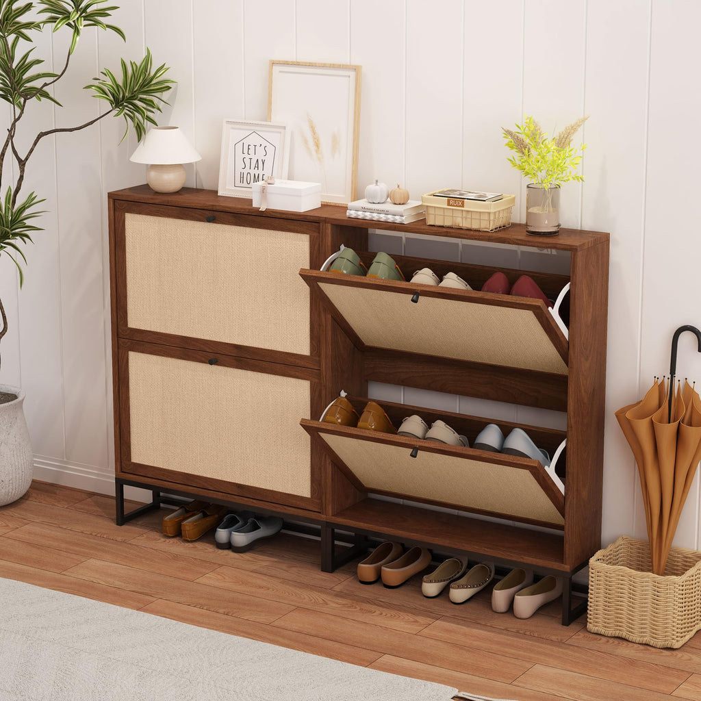 Narrow Sim Shoe Cabinet with 2 Flip Drawer, Sim Wooden Shoe Rack, Walnut