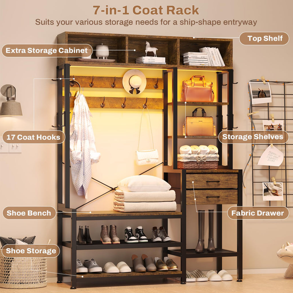 Hall Tree with Bench and Shoe Storage, 7-in-1 Entryway Bench with Coat Rack, 3 Storage Cubbies, 3 Open Shelves, 17
