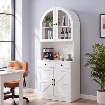 75" Arched Kitchen Pantry Cabinet with Charging Station, White | Coffee Bar Hutch with Adjustable Shelves, 2 Drawers