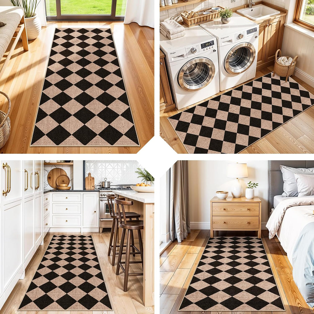 Easy Jute Runner Rug: Non Slip Checkered Machine Washable Entryway Mats
