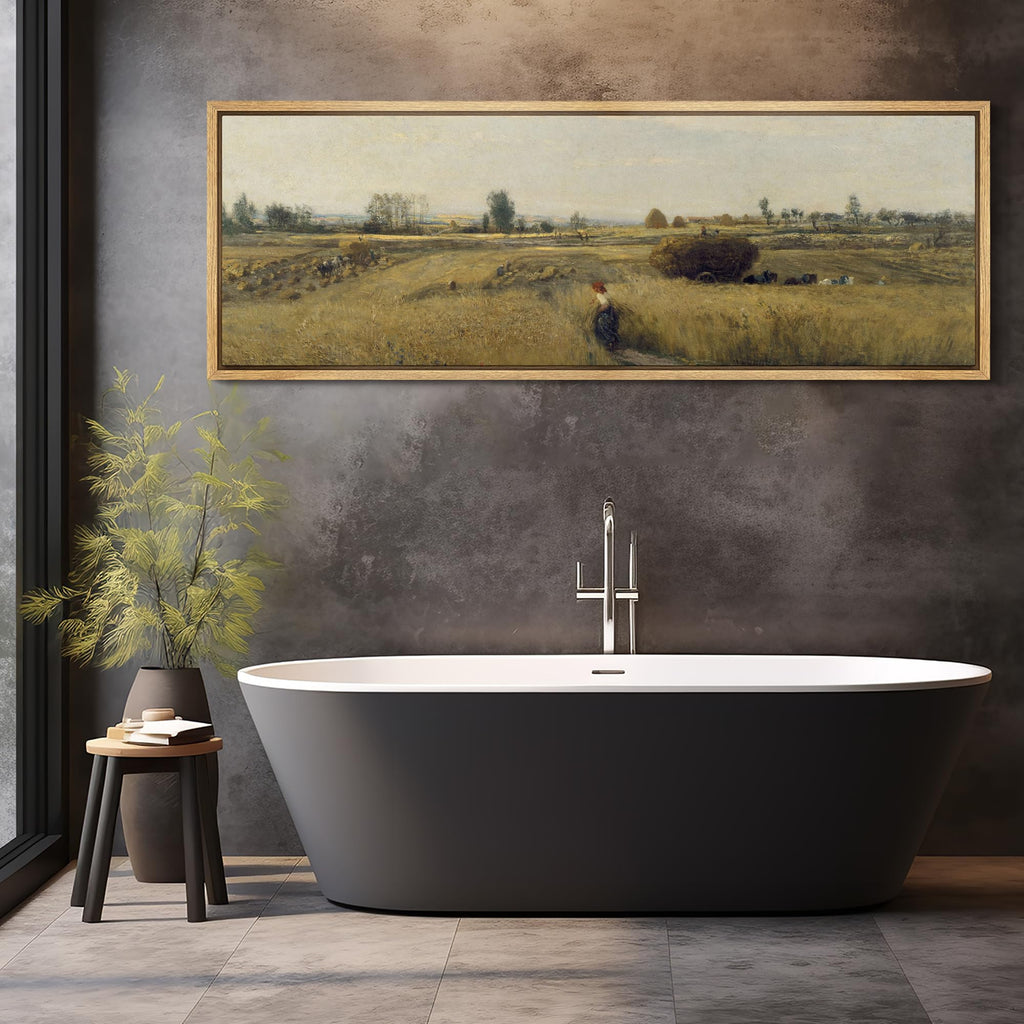 Large Framed Canvas Print Wall Art Golden Wheat Field Harvest Antique Rural Landscape with Farmers Illustrations