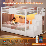 Bunk Bed Twin Over Twin with Stairs, LED Lights Twin Bunk Bed with 2 Storage Drawers & 6 Fabric Drawers