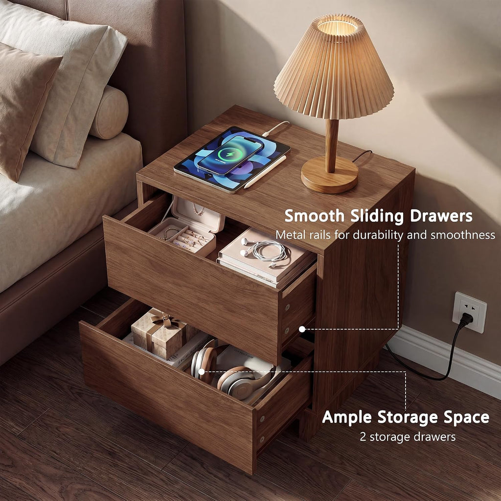 2 Pcs Walnut Nightstand Set for Bedroom, 2 Drawer Bedside End Table