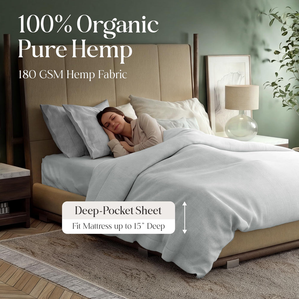GOTS Organic Hemp Split King Bed Sheet Set, 4 PC-Mineral Green