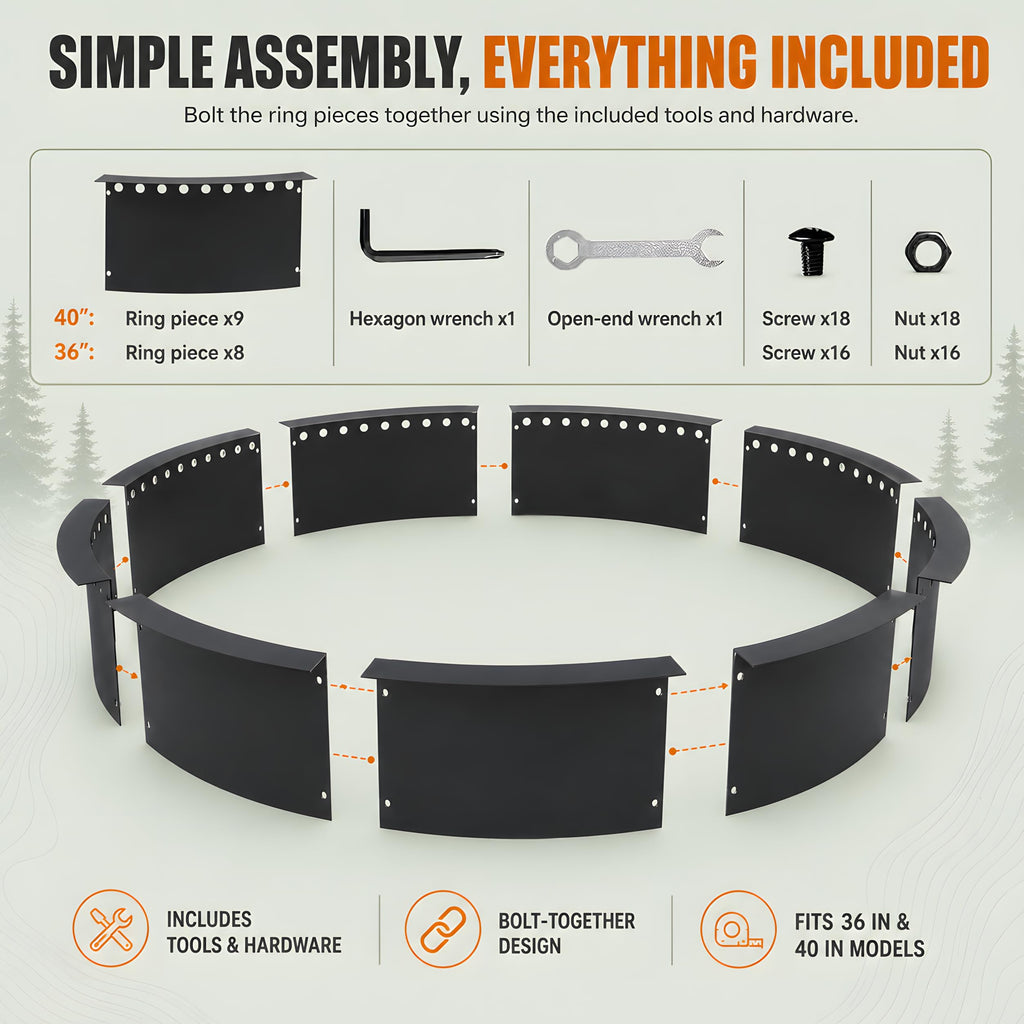 Smokeless Fire Pit Ring, 36 Inch Inner / 40 Inch Outer Steel Fire Ring Insert with Air Vent Design, 8-Piece DIY Round
