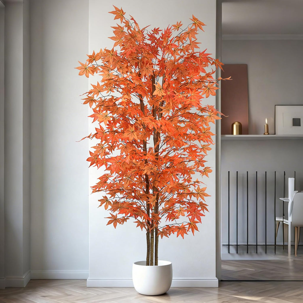 Red Maple Tree 7FT Tall Faux Plant with Natural Trunks and Realistic Leaves,Fake Floor Potted Artificial Plants