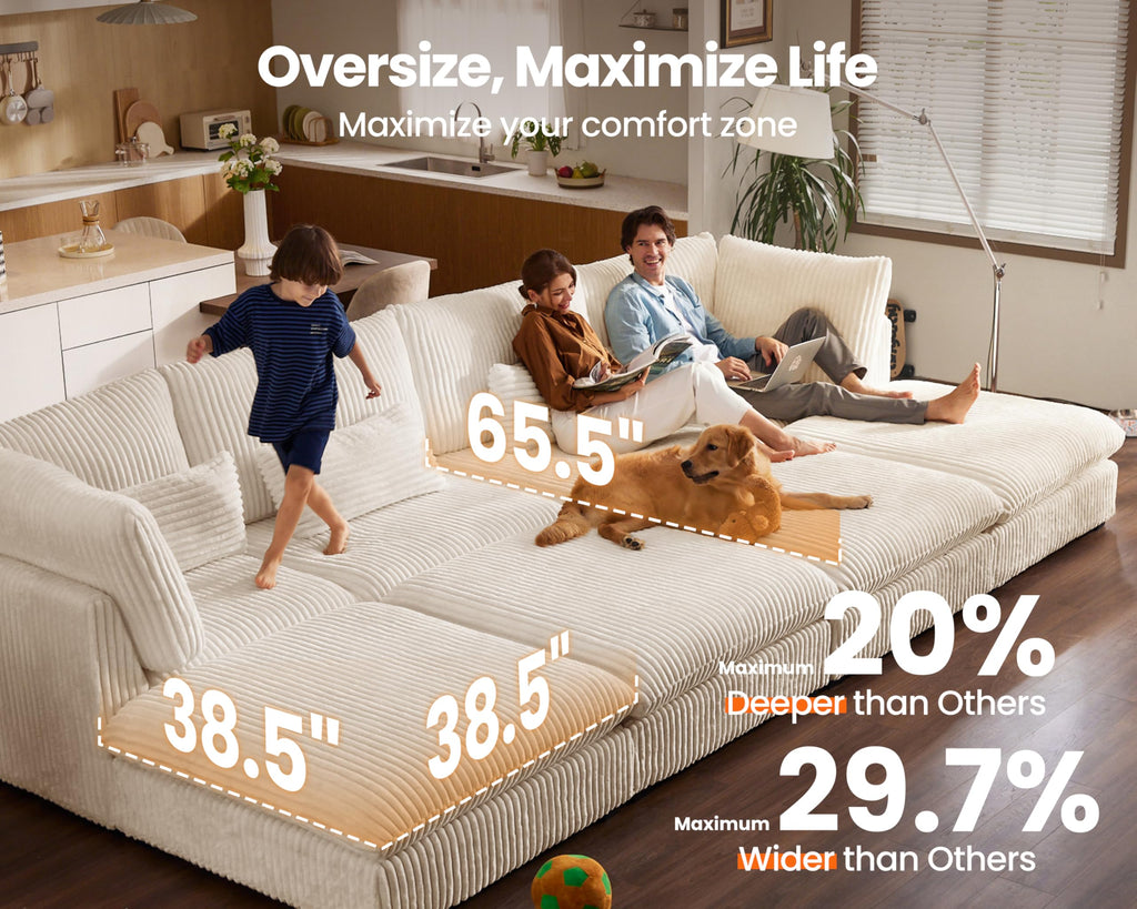 154" Oversize Corduroy Modular Sectional Sofa Couches, White