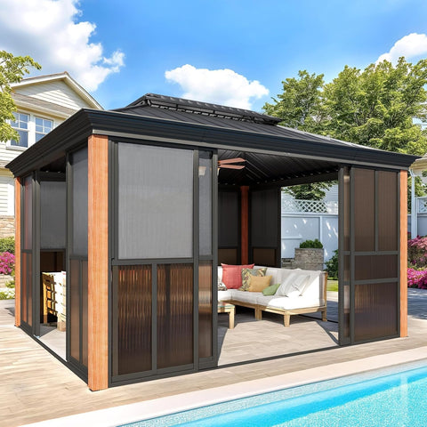 10x12 Wood Grain Sunroom Gazebo, Fully Enclosed Outdoor Sunroom with Sliding Doors