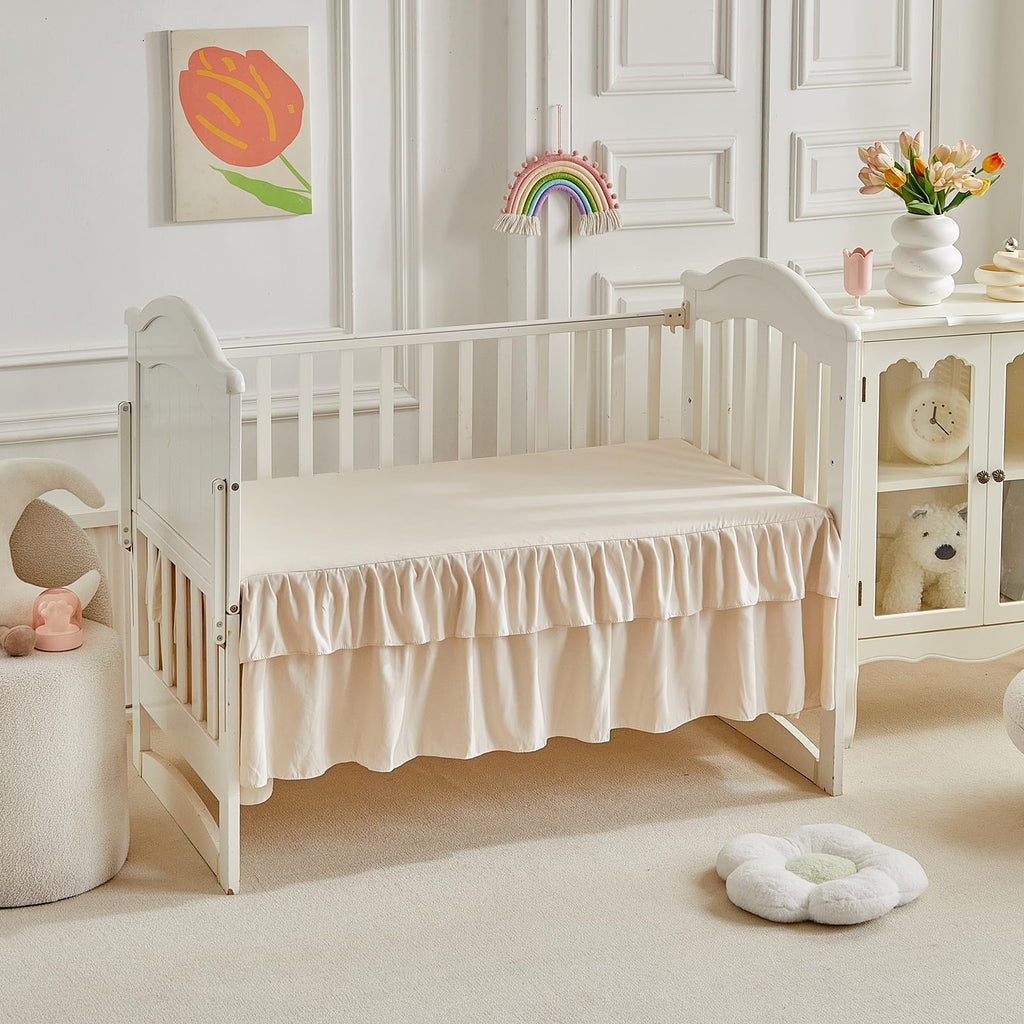 Ruffled Crib Bedding Set Floral Design 3 Pieces Baby Boho Quilted Comforter with Fitted Sheet and Bed Skirt - Cute