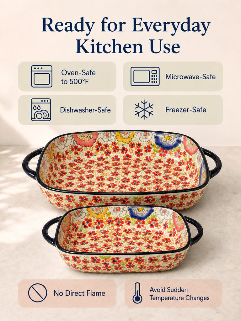 2-Piece Hand-Painted Polish Pottery Style Ceramic Baking Dish Set