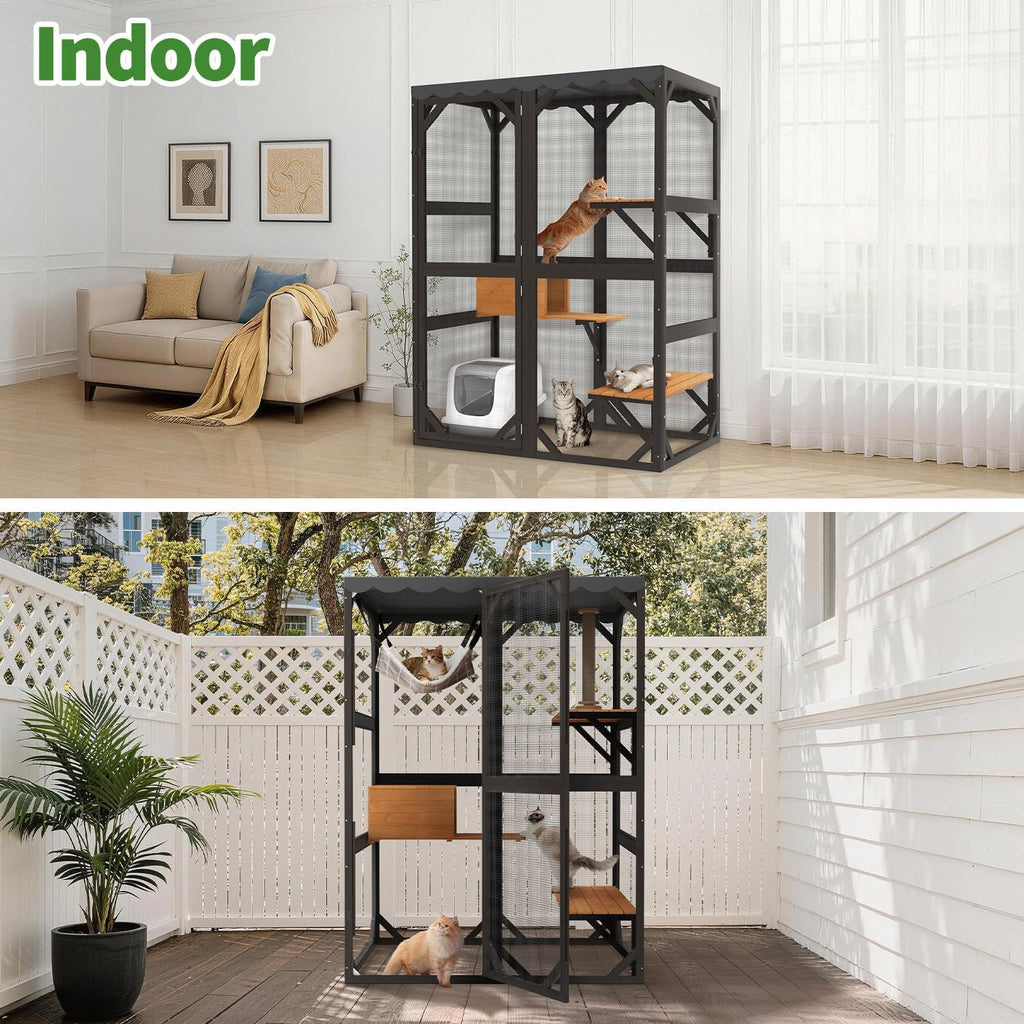 Large Catio Outdoor Cat Enclosure with Weatherproof Roof, 69.3" Walk-in Cat House for Multiple Cats, 3-Tier Wooden