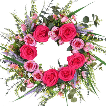 22 Inch Valentines Day Wreaths for Front Door Pink Peony Wreath with Roses Tulips Daisies Valentine Door Decorations