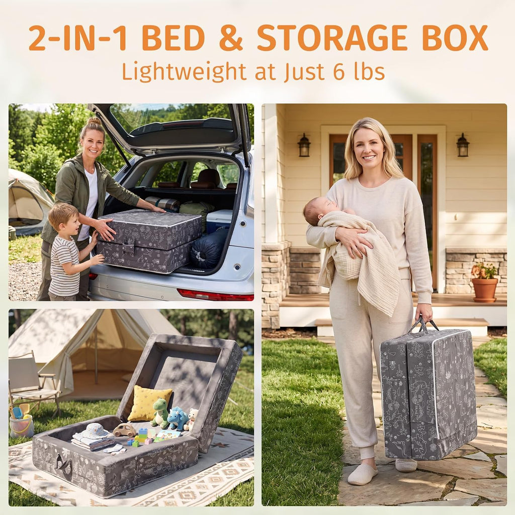 Portable Toddler Travel Bed 2-in-1 Foldable Floor Bed with 2.75" Thick Soft Foam, Machine-Washable Crystal Velvet