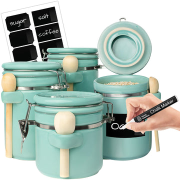 4-Piece Ceramic Kitchen Canisters Set, Airtight Containers with Wooden Spoons Reusable Chalk Labels and Marker for